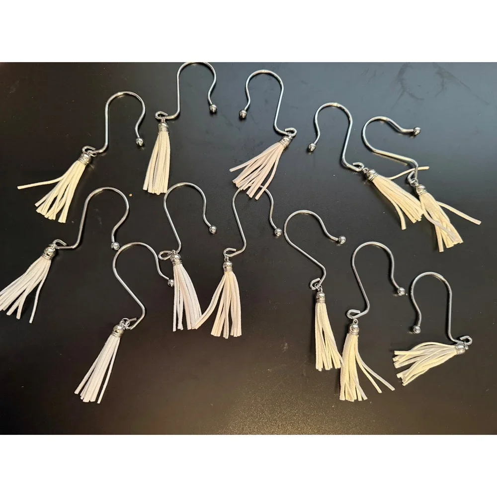 Set of 12 Silver Metal Shower Curtain Hooks with White Faux Suede Tassels Boho